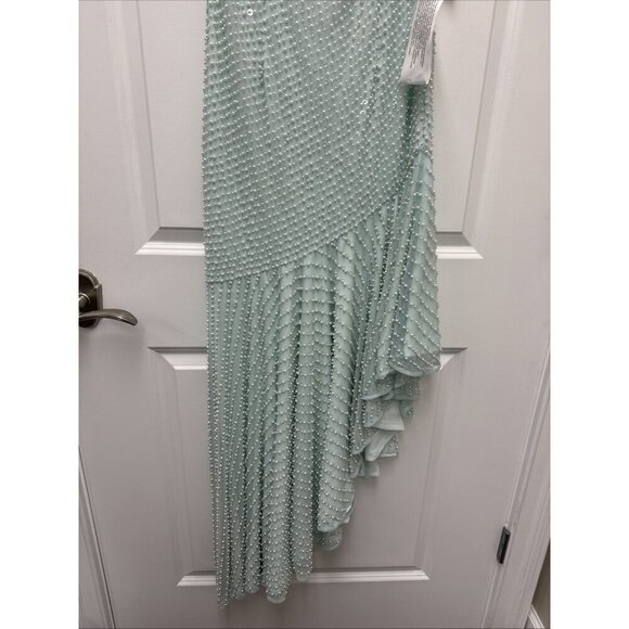 MAC DUGGAL Size 6 Green 93741 ONE SHOULDER Pearl Sequin Midi GOWN Formal Dress - Picture 7 of 11